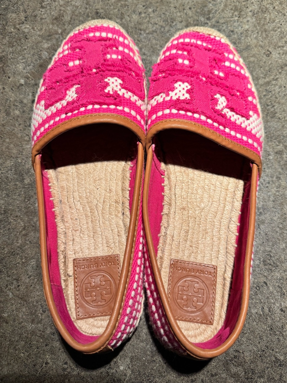 Tory Burch Hot Pink and Cream Woven Espadrille Flats